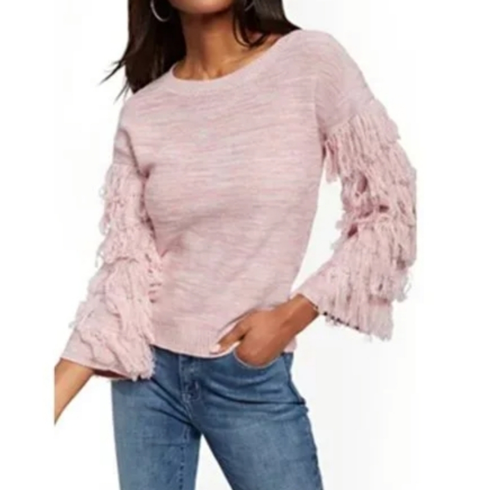 NY & Co Pink Spacedye Fringe Sleeve Sweater Crew Neck Size‎ Medium